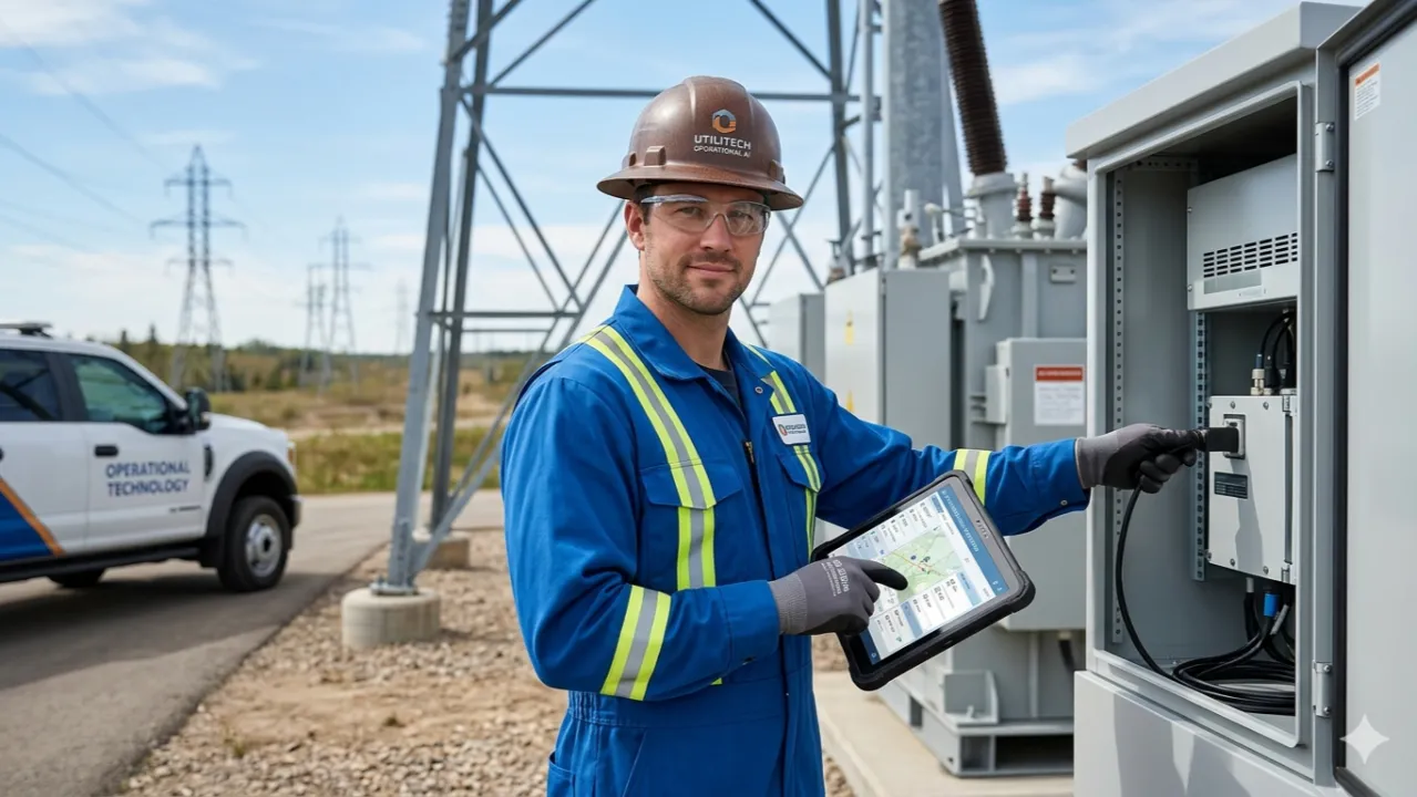 Male technician attending site with open telecommunications cabinet and tablet